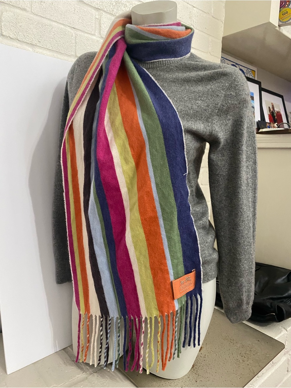 Striped Multicolor COACH cashmere Scarf - Grey Sweater Styling